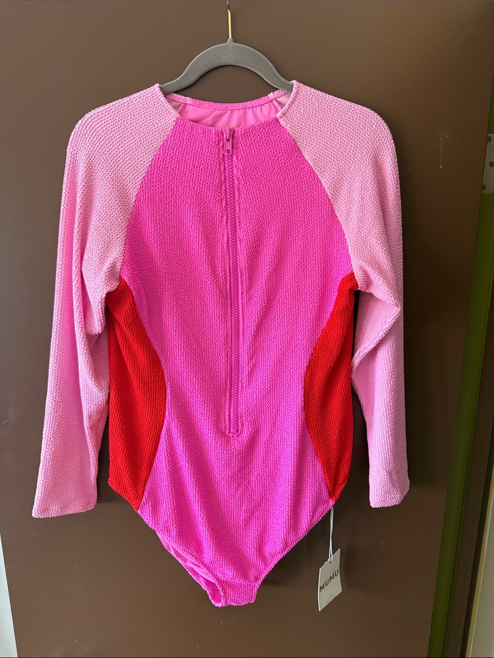 NWT Show Me Your Mumu Long Sleeve Pink & Red Colorblock One Piece Swimsuit